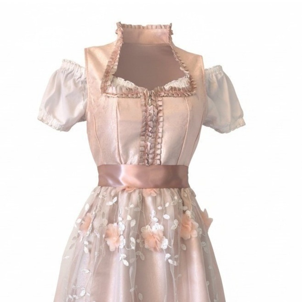 New XS Oktoberfest Pink Satin Floral Dirndl Dress Bavarian German Trachten Royal